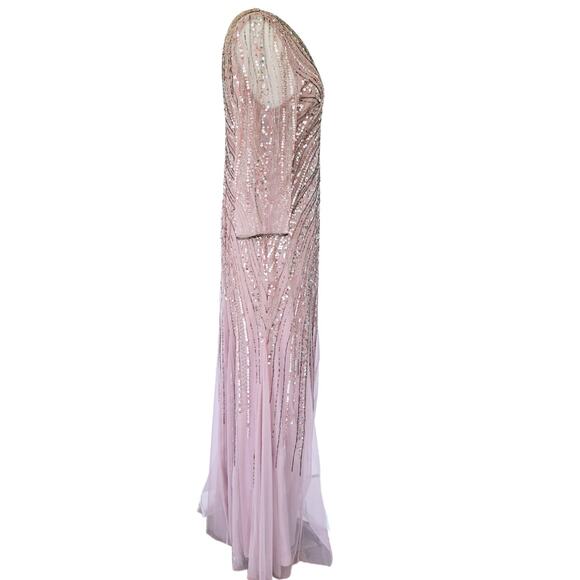Adrianna Papell Beaded Tulle Maxi Dress 14 Dusted Petal Pink Formal Gown 3/4 Slv - Picture 5 of 13